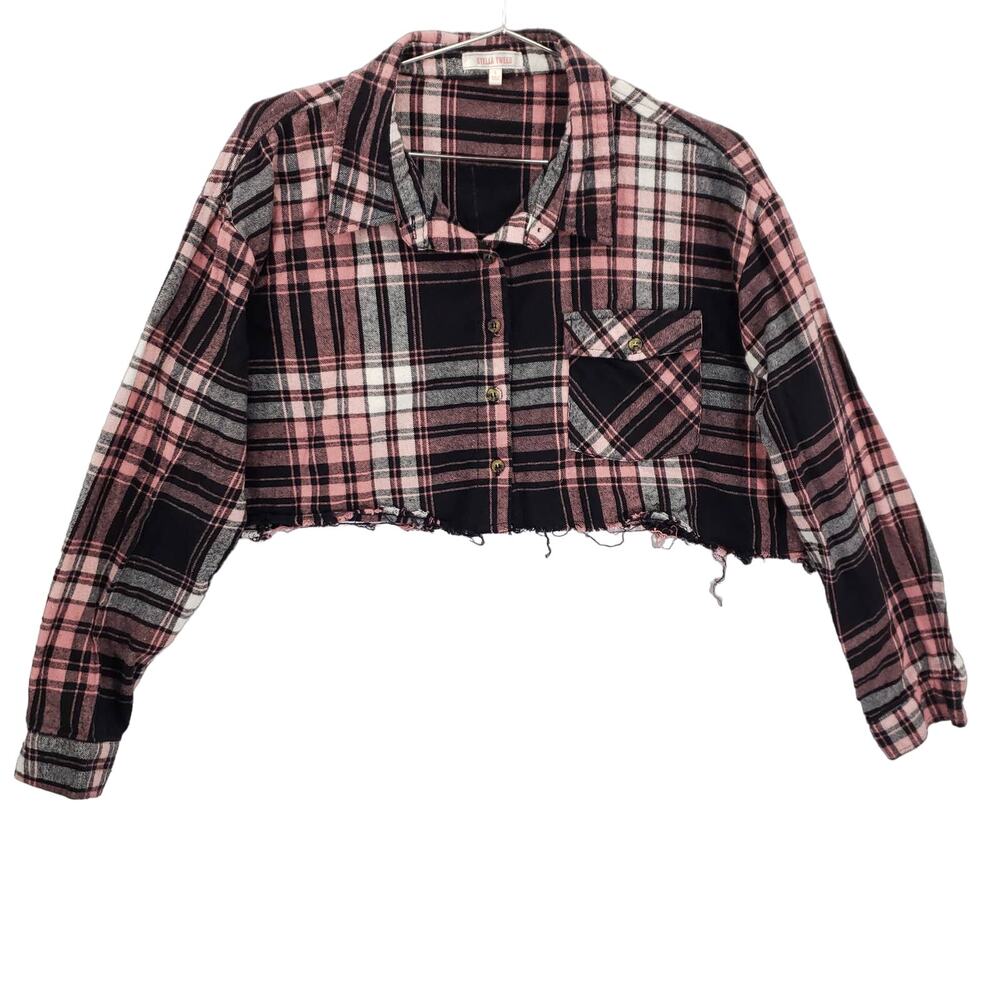 Stella Tweed Cropped Flannel Womens Large Pink Plaid MOOD Frayed Hem Button Up - Picture 3 of 6
